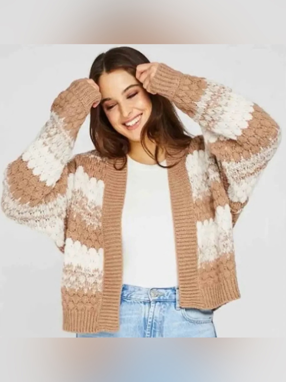 Gentle Fawn Cosmo Cardigan Tan White Striped Open Front Chunky Cardi XS